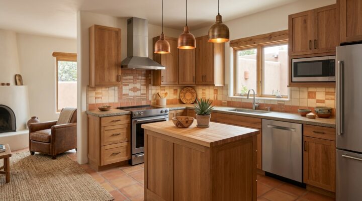 Condo Kitchen Remodeling in Santa Fe with Southwestern wood cabinetry and natural stone countertops