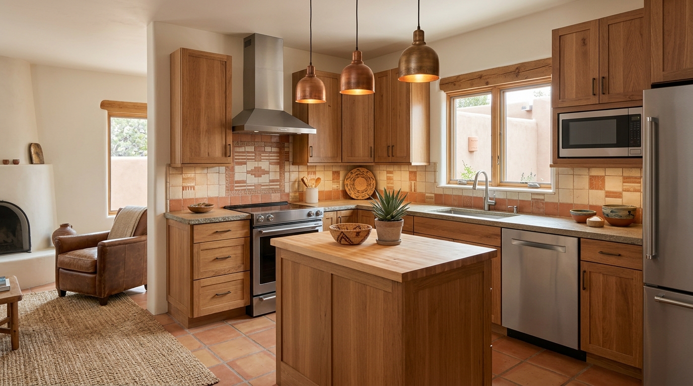 Condo Kitchen Remodeling in Santa Fe with Southwestern wood cabinetry and natural stone countertops